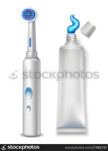 Hygiene decorative icons set of electric toothbrush and toothpaste tube on white background in realistic style isolated vector illustration . Electric Toothbrush And Toothpaste Tube Set