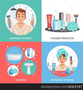 Hygiene design concept with cartoon compositions of personal hygiene products combs shavers and happy human character vector illustration. Hygiene Square Compositions Set