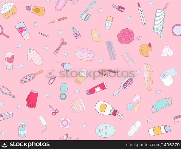 Hygiene elements seamless pattern on pink background, flat cartoon vector illustration. Hygiene elements pink seamless pattern