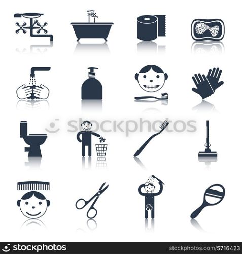 Hygiene icons black set with bath face and body care isolated vector illustration