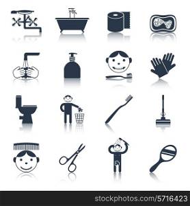 Hygiene icons black set with bath face and body care isolated vector illustration