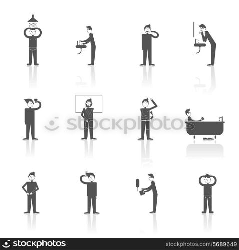 Hygiene icons black set with people figures facial and body care using isolated vector illustration