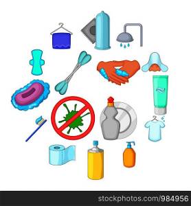 Hygiene icons set. Cartoon illustration of 16 hygiene items vector icons for web. Hygiene icons set, cartoon style