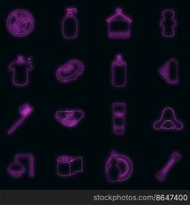 Hygiene icons set. Illustration of 16 hygiene items vector icons neon color on black. Hygiene icons set vector neon