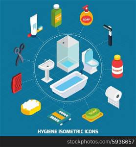 Hygiene Isometric Icons Set . Hygiene isometric icons set with bathroom equipment and toiletries vector illustration