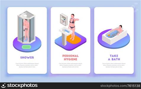 Hygiene isometric vertical banners set with shower and bath symbols isolated vector illustration