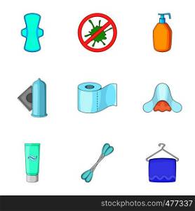 Hygiene items icons set. Cartoon set of 9 hygiene items vector icons for web isolated on white background. Hygiene items icons set, cartoon style