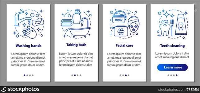 Hygiene onboarding mobile app page screen with linear concepts. Washing hands, teeth cleaning, taking bath, facial care steps graphic instructions. UX, UI, GUI vector template with illustrations. Hygiene onboarding mobile app page screen with linear concepts