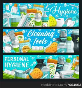 Hygiene, personal health care wash and clean products, vector banners. Bathroom and skincare toiletries, washing sponge and paper towel wipes, shaving foam and shower gel, toothbrush and dental floss. Hygiene, personal health care wash and clean items
