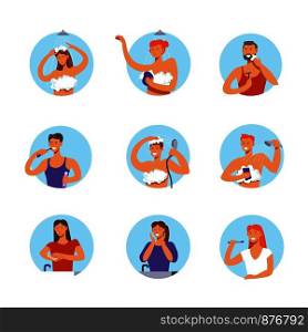 Hygiene procedures circle icons of people man and woman washing face, hands and body in morning shower, brushing teeth or shaving. Vector isolated set. Hygiene procedures circle icons of people man and woman washing face
