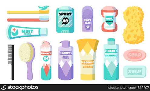 Hygiene set. Cartoon body and face skin care daily cosmetics. Shower clip art collection. Soap and shampoo bottles. Isolated deodorant or hair comb. Mint toothpaste and toothbrush. Vector toiletries. Hygiene set. Cartoon body and face skin care daily cosmetics. Shower clip art collection. Soap and shampoo. Isolated deodorant or hair comb. Toothpaste and toothbrush. Vector toiletries