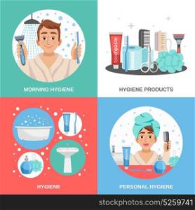 Hygiene Square Compositions Set. Hygiene design concept with cartoon compositions of personal hygiene products combs shavers and happy human character vector illustration