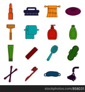 Hygiene tools icons set. Doodle illustration of vector icons isolated on white background for any web design. Hygiene tools icons doodle set