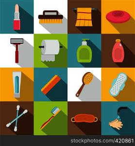 Hygiene tools icons set. Flat illustration of 16 hygiene tools vector icons for web. Hygiene tools icons set, flat style