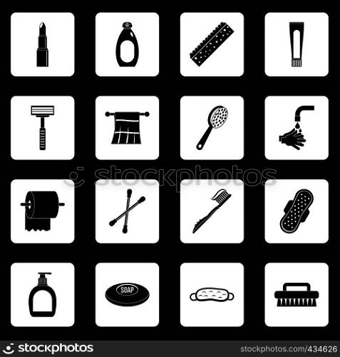 Hygiene tools icons set in white squares on black background simple style vector illustration. Hygiene tools icons set squares vector