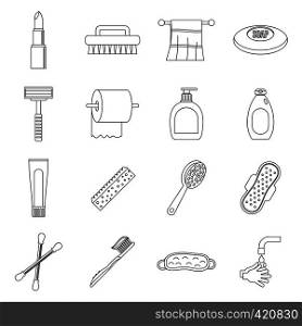 Hygiene tools icons set. Outline illustration of 16 hygiene tools vector icons for web. Hygiene tools icons set, outline style