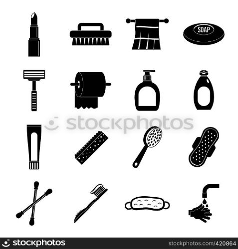 Hygiene tools icons set. Simple illustration of 16 hygiene tools vector icons for web. Hygiene tools icons set, simple style