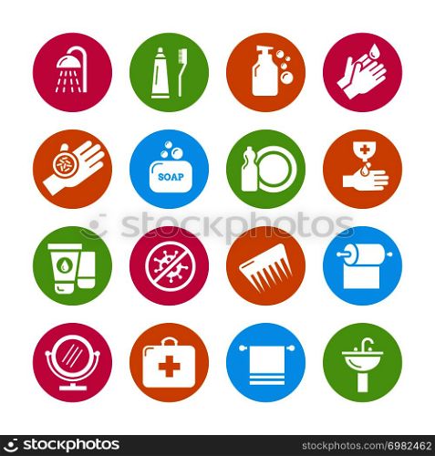 Hygiene, viruses and bacterias icons. Colored hygiene and infection symbols. Vector illustration. Hygiene, viruses and bacterias icons
