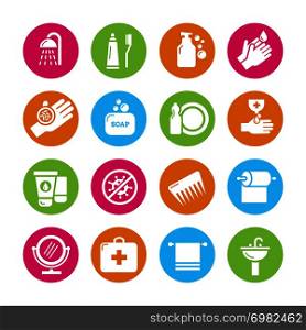 Hygiene, viruses and bacterias icons. Colored hygiene and infection symbols. Vector illustration. Hygiene, viruses and bacterias icons