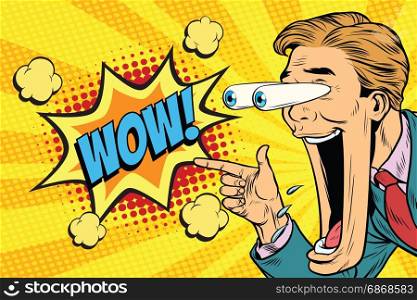 Hyper expressive reaction cartoon wow man face, big eyes and wide open mouth. The man points at something. Pop art retro comic book vector illustration. Hyper expressive reaction cartoon wow man face, big eyes and wid