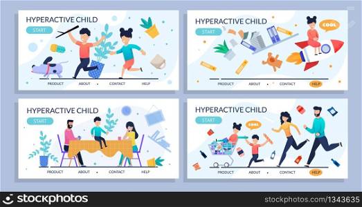 Hyperactive Child Flat design Set for Landing Page. Cartoon Kids and Upset Parents. Disobedience and Bad Behavior. Treatment and Help Service. ADHD and Personal Development. Vector Illustration. Hyperactive Child Flat design Set for Landing Page