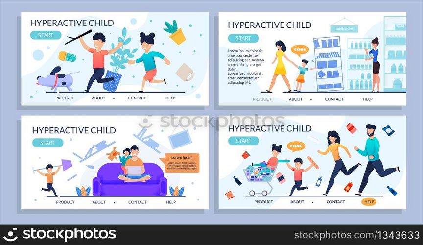 Hyperactive Children Flat Design Landing Page Set. Cartoon Kids with Attention Deficit Symptoms. Family Psychological Help. Parenting Problems. ADHD Treatment Advices and Solution. Vector Illustration. Hyperactive Children Flat Design Landing Page Set