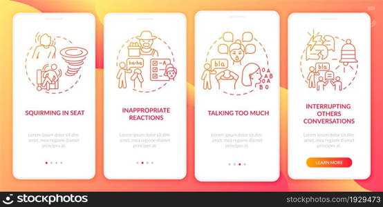 Hyperactivity signs onboarding mobile app page screen. Inappropriate reactions walkthrough 4 steps graphic instructions with concepts. UI, UX, GUI vector template with linear color illustrations. Hyperactivity signs onboarding mobile app page screen