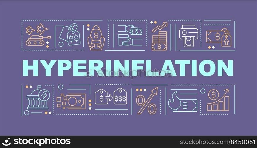 Hyperinflation word concepts dark blue banner. Economic turmoil. Infographics with editable icons on color background. Isolated typography. Vector illustration with text. Arial-Black font used. Hyperinflation word concepts dark blue banner