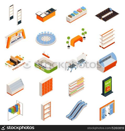 Hypermarket Furniture Objects Set. Shopping mall isometric elements isolated images of service cabinets supermarket trolley carts escalators counters and fountain vector illustration