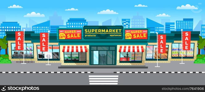 Hypermarket with sales and discounts for shoppers. Cityscape with buildings and infrastructure. Town street view with supermarket proposing shopping clearance. Market with offers vector flat. Supermarket Sale Hypermarket in City with Skyline