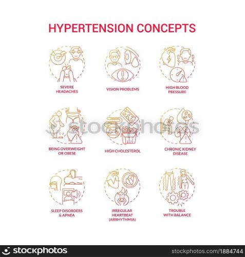 Hypertension concept icons set. High blood pressure condition idea thin line color illustrations. Chronic kidney disease. Sleep disorders. High cholesterol. Vector isolated outline drawings. Hypertension concept icons set