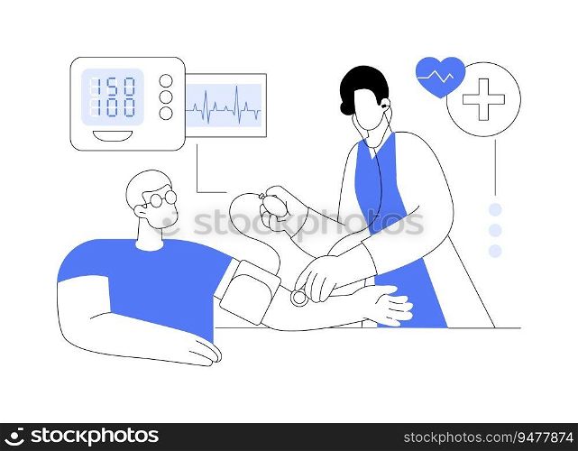 Hypertension control abstract concept vector illustration. Physician measures pressure to patient, blood pressure management, hypertension control, preventative medicine abstract metaphor.. Hypertension control abstract concept vector illustration.