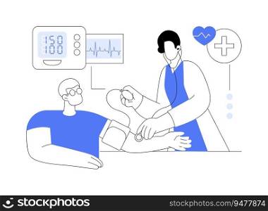 Hypertension control abstract concept vector illustration. Physician measures pressure to patient, blood pressure management, hypertension control, preventative medicine abstract metaphor.. Hypertension control abstract concept vector illustration.