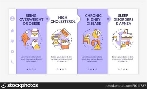 Hypertension development factors onboarding vector template. Responsive mobile website with icons. Web page walkthrough 4 step screens. Chronic kidney disease color concept with linear illustrations. Hypertension development factors onboarding vector template