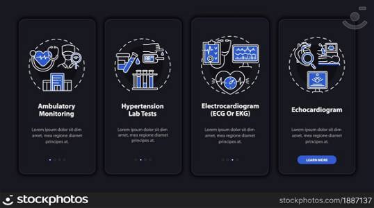 Hypertension diagnosis onboarding mobile app page screen. Laboratory testing walkthrough 4 steps graphic instructions with concepts. UI, UX, GUI vector template with linear night mode illustrations. Hypertension diagnosis onboarding mobile app page screen
