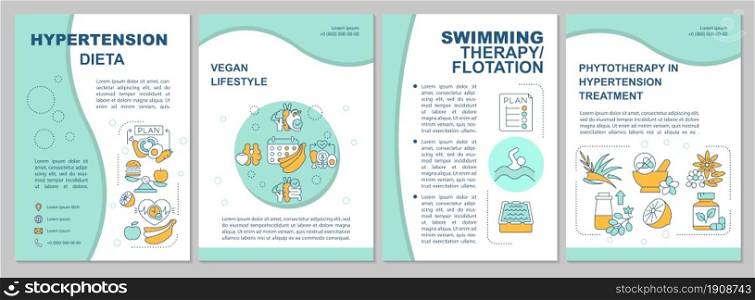Hypertension diet brochure template. Swimming therapy. Flyer, booklet, leaflet print, cover design with linear icons. Vector layouts for presentation, annual reports, advertisement pages. Hypertension diet brochure template