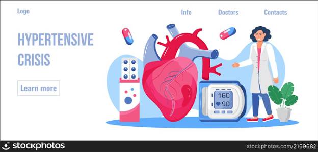 Hypertension medical concept vector for web, homepage. Hypertensive crisis and sphygmomanometer. Hypotension and hypertension disease treatment with doctors. High or low blood pressure measurement.. Hypertension medical concept vector for web, homepage. Hypertensive crisis and sphygmomanometer.