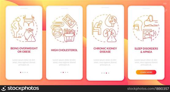 Hypertension risk factors onboarding mobile app page screen. Chronic kidney disease walkthrough 4 steps graphic instructions with concepts. UI, UX, GUI vector template with linear color illustrations. Hypertension risk factors onboarding mobile app page screen