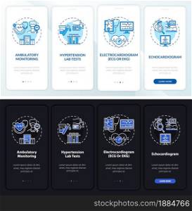 Hypertension tests onboarding mobile app page screen. Echocardiogram walkthrough 4 steps graphic instructions with concepts. UI, UX, GUI vector template with linear night and day mode illustrations. Hypertension tests onboarding mobile app page screen