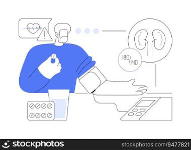 Hypertension treatment abstract concept vector illustration. Man takes pills for high blood pressure, tonometer on the table, kidney care, nephrology sector, hypertensive adult abstract metaphor.. Hypertension treatment abstract concept vector illustration.