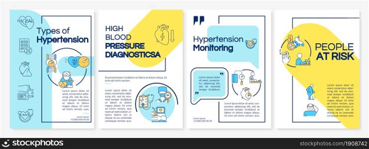 Hypertension types brochure template. Blood pressure monitoring. Flyer, booklet, leaflet print, cover design with linear icons. Vector layouts for presentation, annual reports, advertisement pages. Hypertension types brochure template