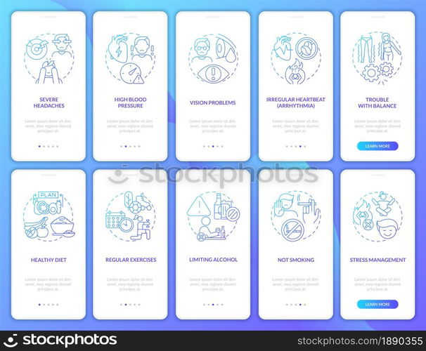 Hypertensive heart disease onboarding mobile app page screen set. Healthy lifestyle walkthrough 5 steps graphic instructions with concepts. UI, UX, GUI vector template with linear color illustrations. Hypertensive heart disease onboarding mobile app page screen set