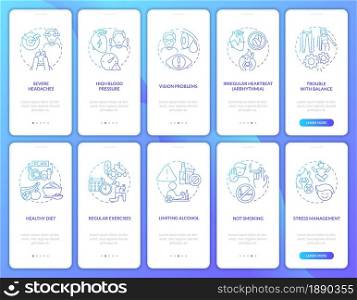 Hypertensive heart disease onboarding mobile app page screen set. Healthy lifestyle walkthrough 5 steps graphic instructions with concepts. UI, UX, GUI vector template with linear color illustrations. Hypertensive heart disease onboarding mobile app page screen set