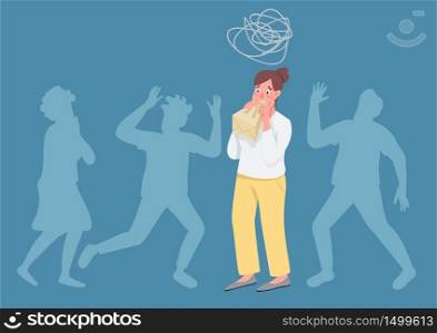 Hyperventilating woman flat concept vector illustration. Girl with panic attack breathing in paper bag 2D cartoon character for web design. Stress management, social phobia, anxiety disorder. Hyperventilating woman flat concept vector illustration