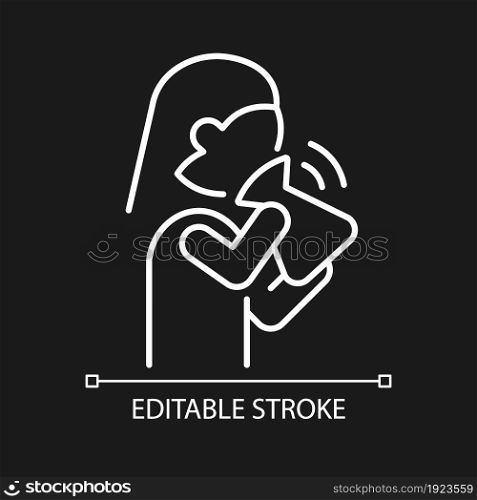 Hyperventilation white linear icon for dark theme. Panic attack symptom. Fast inhale and exhale. Thin line customizable illustration. Isolated vector contour symbol for night mode. Editable stroke. Hyperventilation white linear icon for dark theme