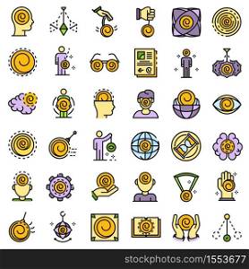 Hypnosis icons set. Outline set of hypnosis vector icons thin line color flat on white. Hypnosis icons set vector flat