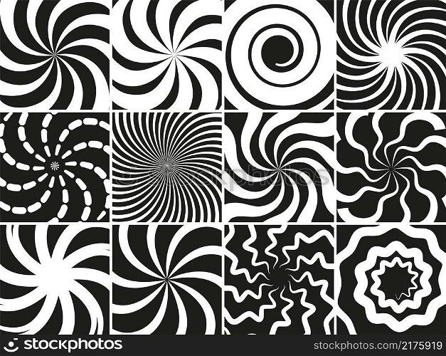 Hypnotic shapes collection. Radial black white abstract spirals, geometric circular swirls vector set. Spiral round, radial and twirl, hypnotic circular motion illustration. Hypnotic shapes collection. Radial black white abstract spirals, geometric circular swirls vector set