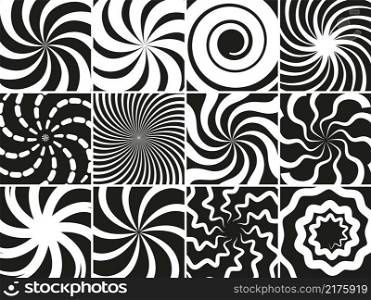 Hypnotic shapes collection. Radial black white abstract spirals, geometric circular swirls vector set. Spiral round, radial and twirl, hypnotic circular motion illustration. Hypnotic shapes collection. Radial black white abstract spirals, geometric circular swirls vector set