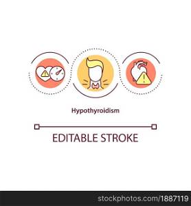 Hypothyroidism concept icon. Elevated blood pressure cause abstract idea thin line illustration. Underactive thyroid gland. Low cardiac output. Vector isolated outline color drawing. Editable stroke. Hypothyroidism concept icon