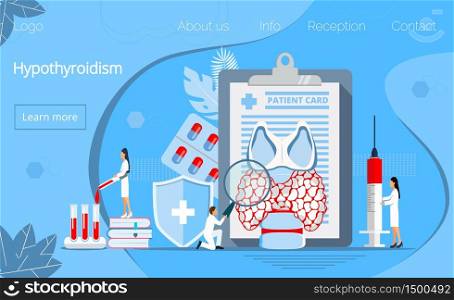 Hypothyroidism concept vector. Endocrinologists diagnose and treat human thyroid gland. Specialists make blood test on hormones. Medicine landing page template for website, app, banner.. Hypothyroidism concept vector. Endocrinologists diagnose and treat human thyroid gland